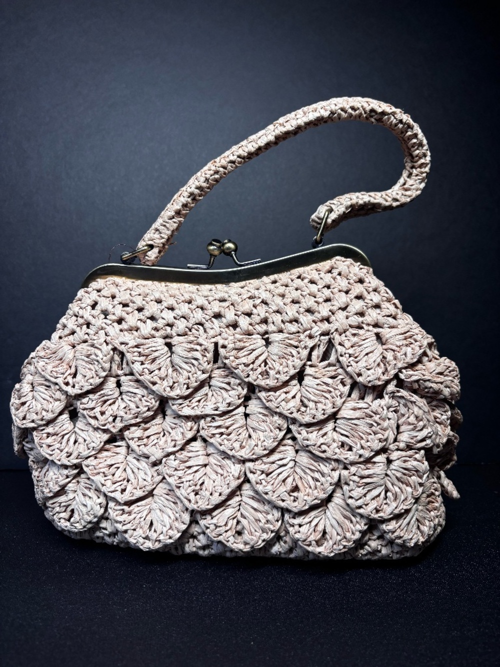 Patricia Nash Laureana Scalloped Raffia Kiss Lock Handbag Blush Pink Boho  NWT